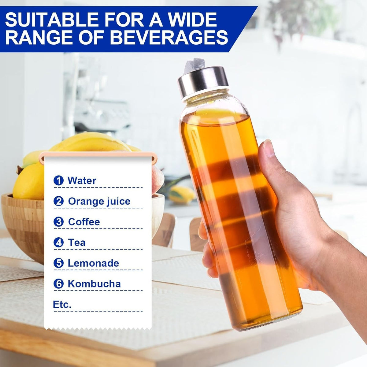 3 Packs Glass Water Bottles with Lid Clear Juice Bottles Reusable Bottle