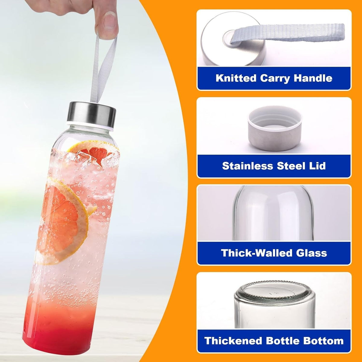 3 Packs Glass Water Bottles with Lid Clear Juice Bottles Reusable Bottle