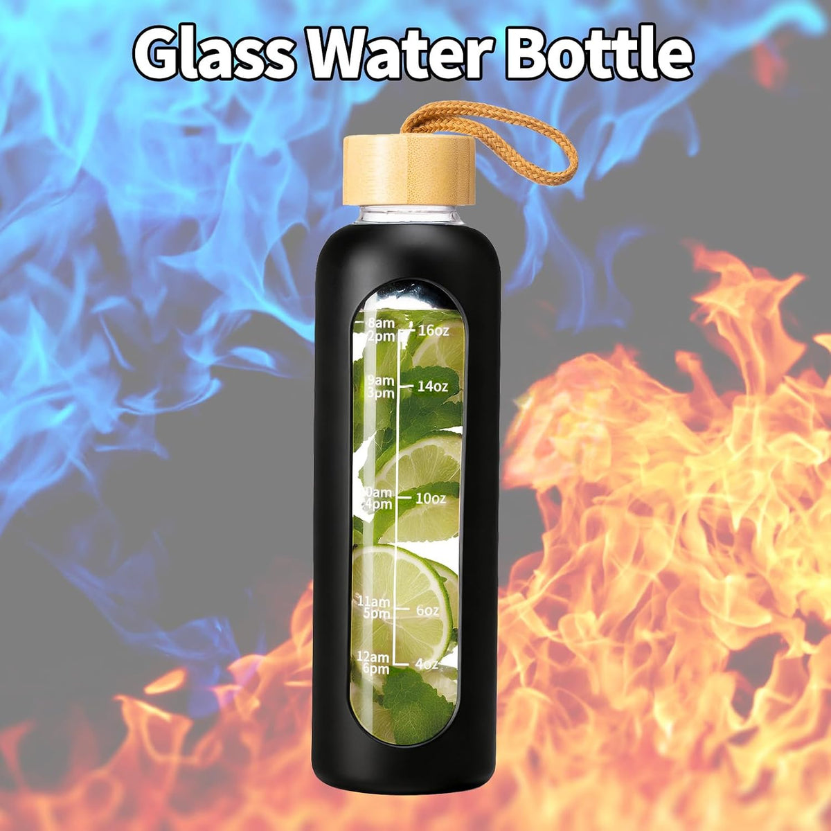 18 OZ Glass Water Bottles, Water Bottle with Time Marker (Black) | Leakproof Glass Water Bottles with Silicone Sleeves, Suitable for Offices and Gyms.