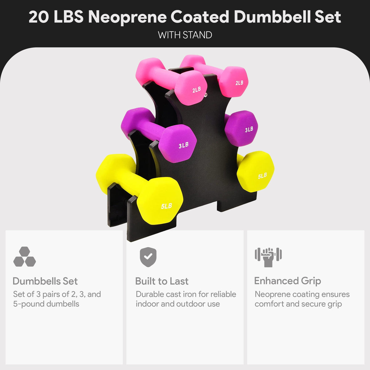 20 Lb Neoprene Coated Iron Dumbbell Hex Weights Set with Stand, Color-Coded