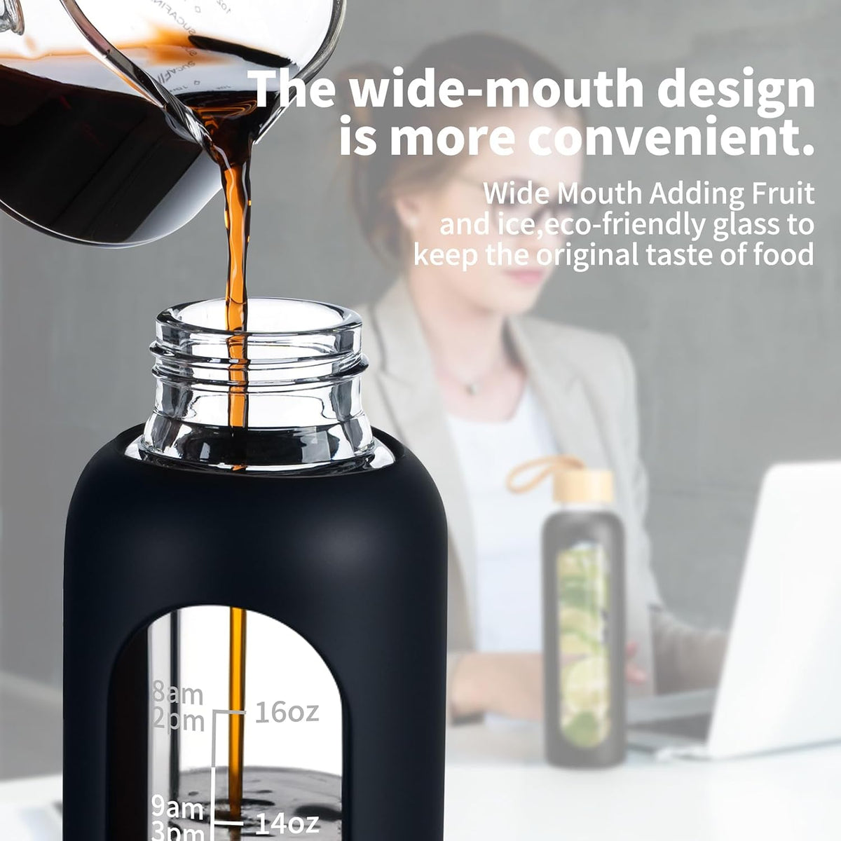 18 OZ Glass Water Bottles, Water Bottle with Time Marker (Black) | Leakproof Glass Water Bottles with Silicone Sleeves, Suitable for Offices and Gyms.