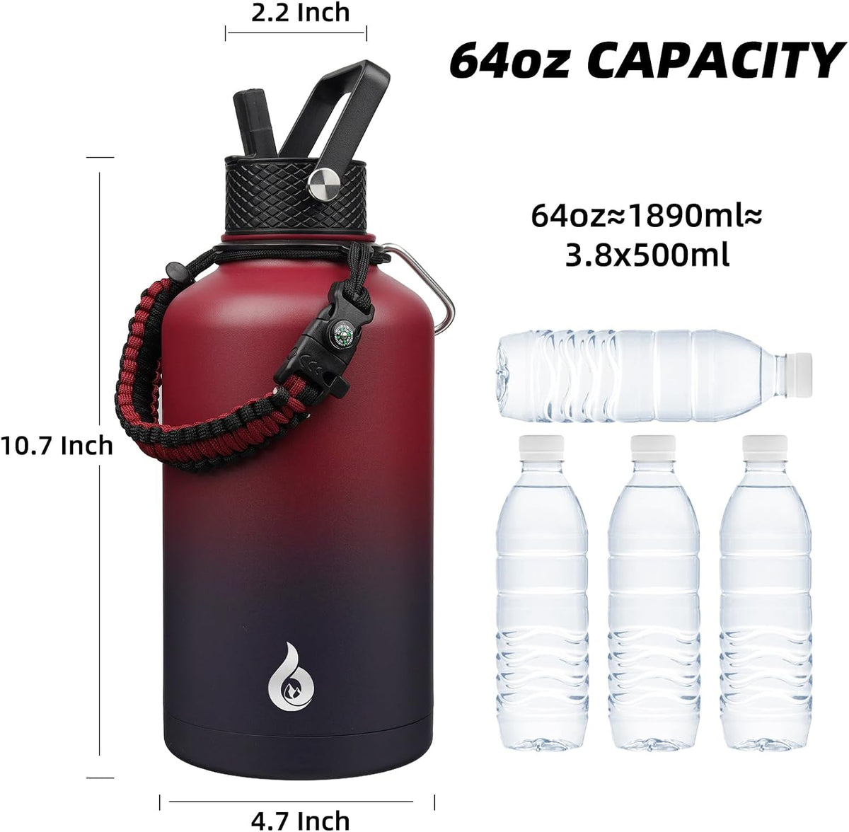 64Oz Insulated Water Bottle with Straw Lid Large Stainless Steel Jug | Half Gallon Vacuum Insulated Water Jug with 3 Lids & Paracord Strap, Bpa-Free Leak-Proof Bottle for Gym, Hiking & Travel