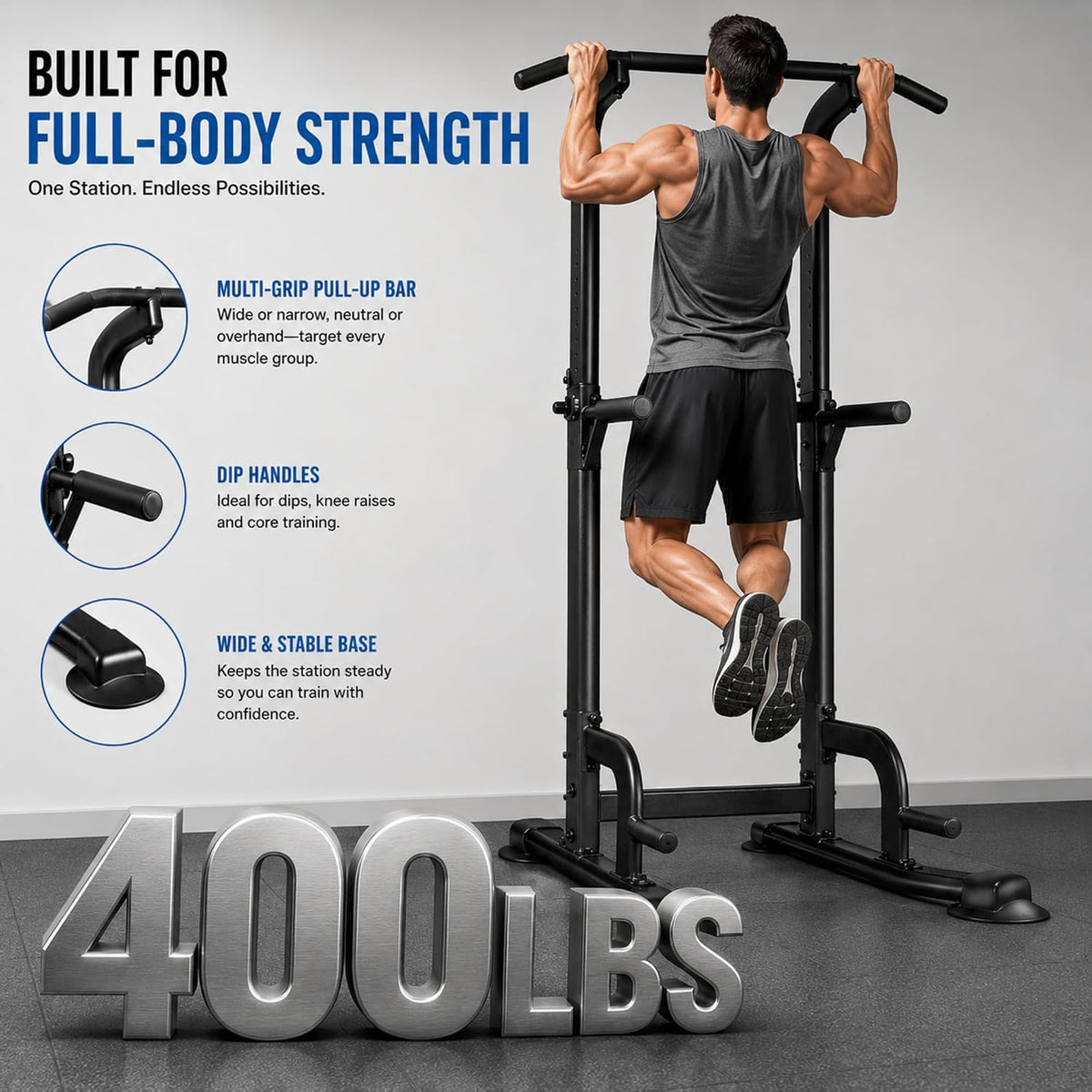 Pull up Bar Station, Power Tower, Dip Station with 3D Backrest, Multi-Function Strength Training Stand Rack, for Home Gym Workout 
