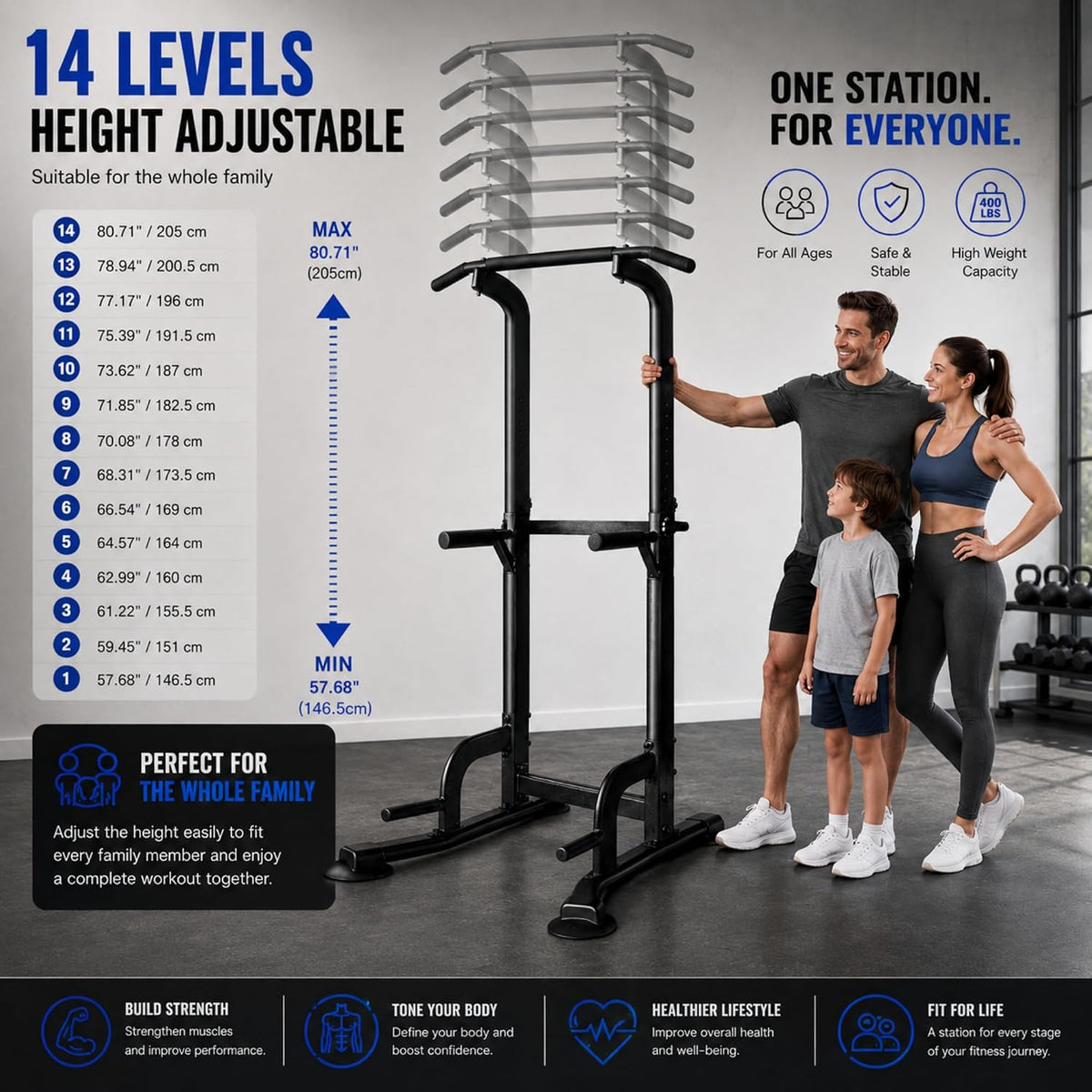 Pull up Bar Station, Power Tower, Dip Station with 3D Backrest, Multi-Function Strength Training Stand Rack, for Home Gym Workout 