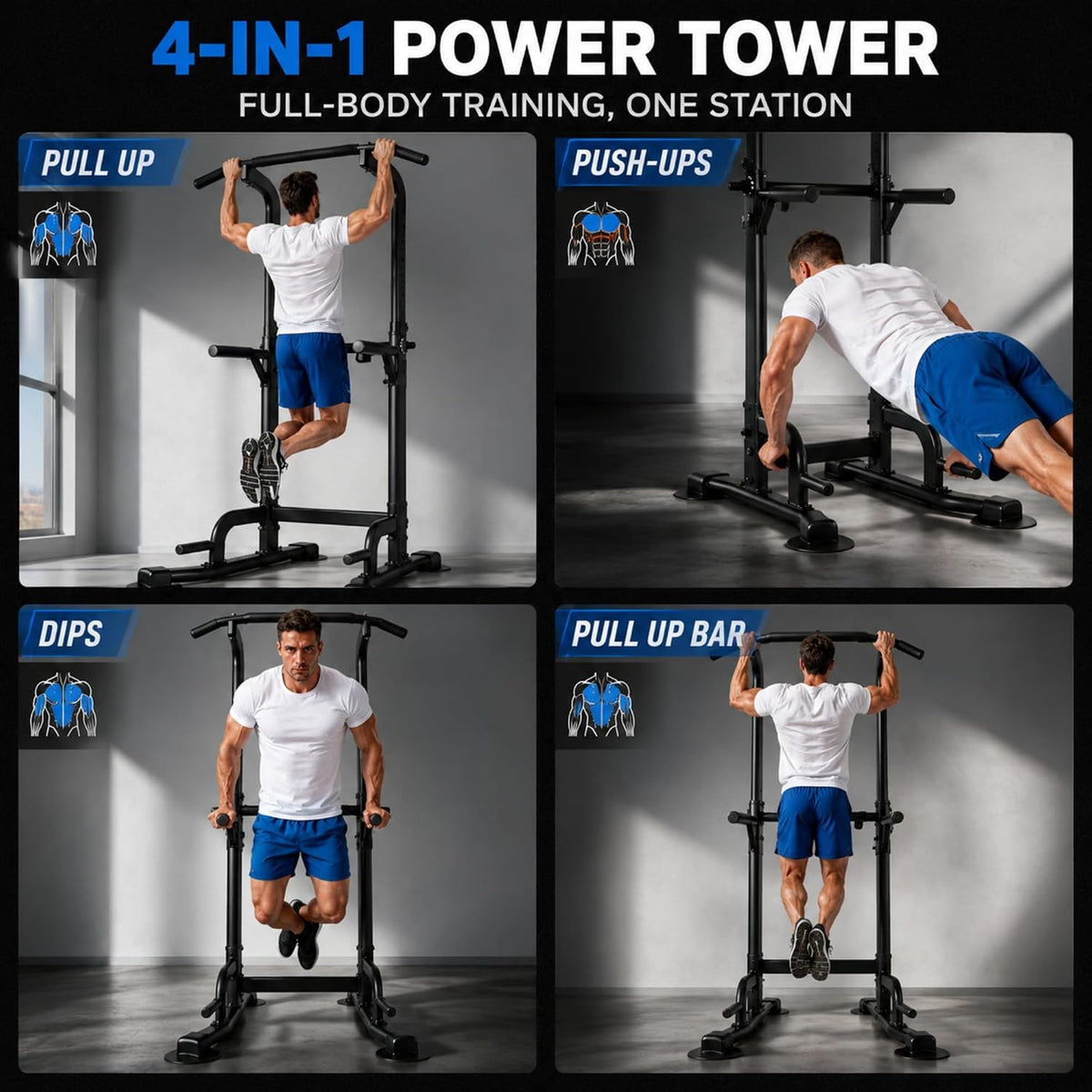 Pull up Bar Station, Power Tower, Dip Station with 3D Backrest, Multi-Function Strength Training Stand Rack, for Home Gym Workout 