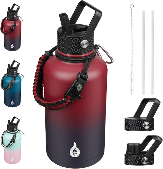 64Oz Insulated Water Bottle with Straw Lid Large Stainless Steel Jug | Half Gallon Vacuum Insulated Water Jug with 3 Lids & Paracord Strap, Bpa-Free Leak-Proof Bottle for Gym, Hiking & Travel