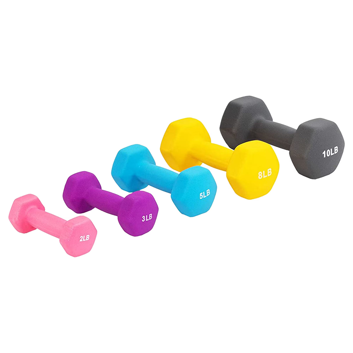 56 Lb Neoprene Coated Iron Dumbbell Hex Weights Set with Stand, Color-Coded