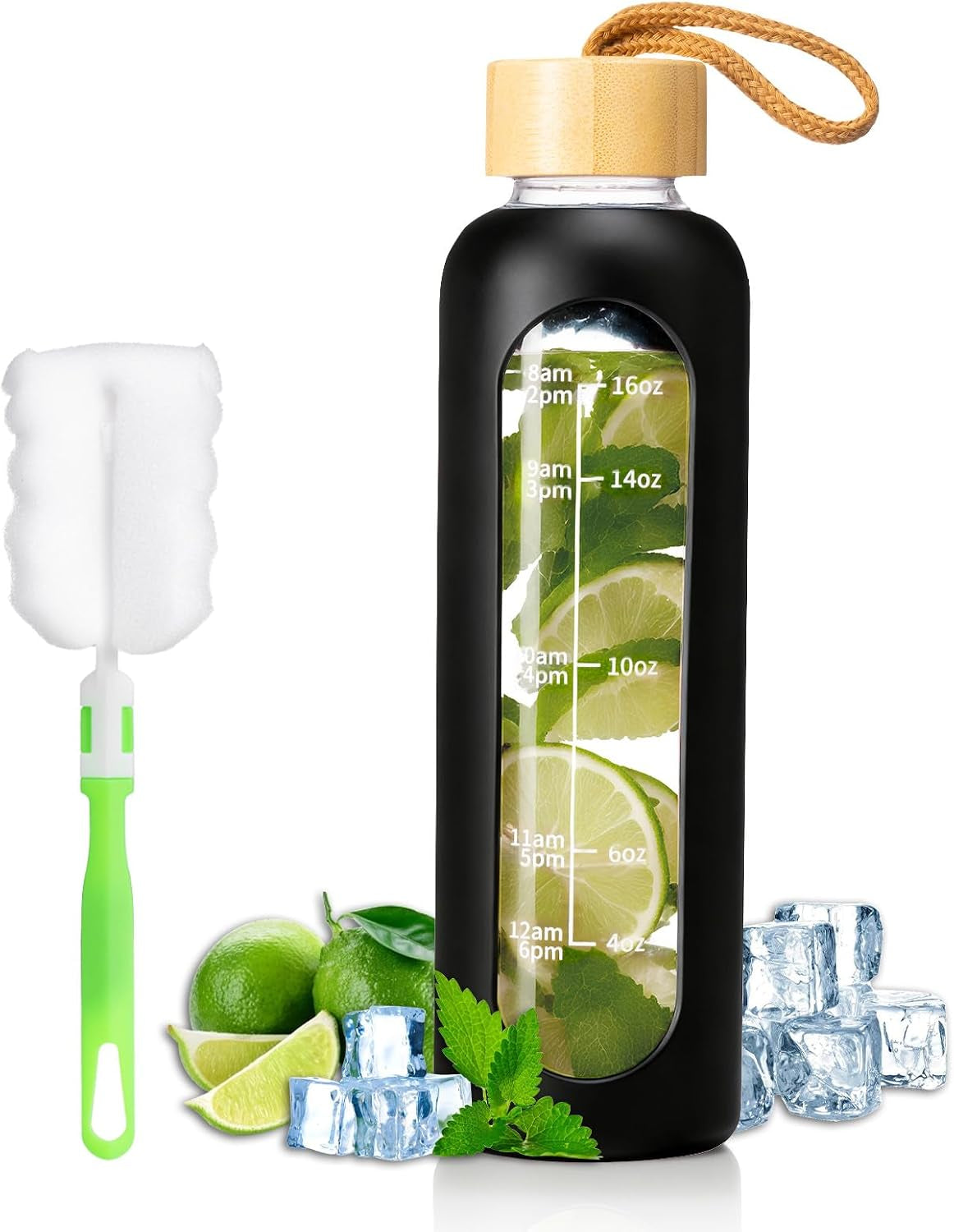 18 OZ Glass Water Bottles, Water Bottle with Time Marker (Black) | Leakproof Glass Water Bottles with Silicone Sleeves, Suitable for Offices and Gyms.