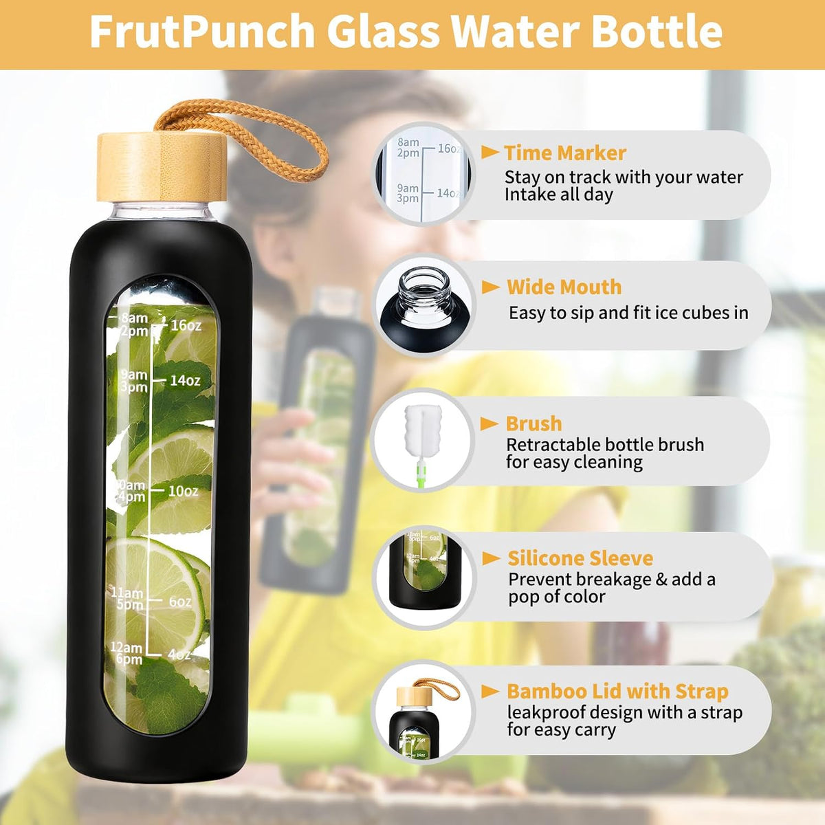 18 OZ Glass Water Bottles, Water Bottle with Time Marker (Black) | Leakproof Glass Water Bottles with Silicone Sleeves, Suitable for Offices and Gyms.