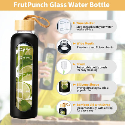 18 OZ Glass Water Bottles, Water Bottle with Time Marker (Black) | Leakproof Glass Water Bottles with Silicone Sleeves, Suitable for Offices and Gyms.