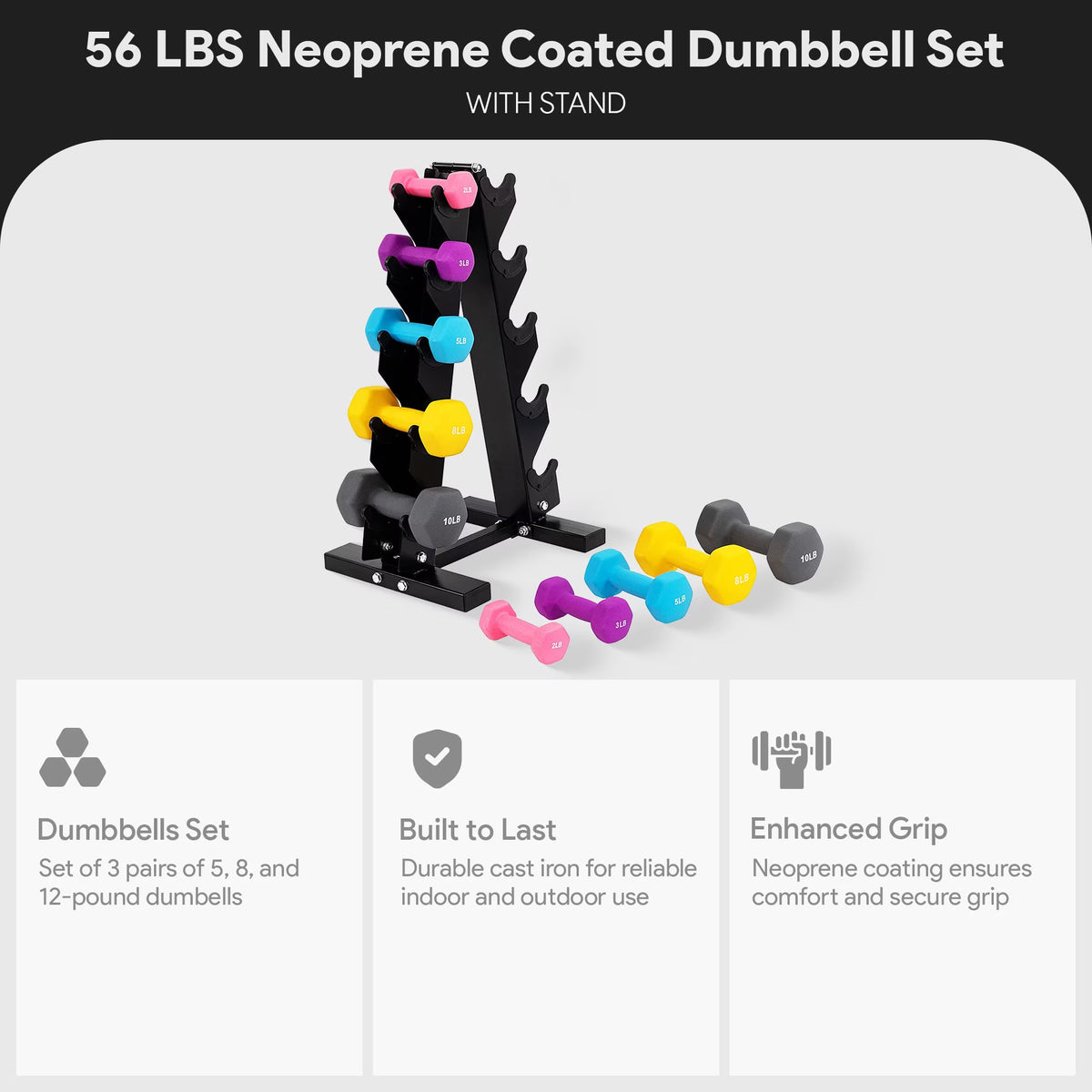 56 Lb Neoprene Coated Iron Dumbbell Hex Weights Set with Stand, Color-Coded