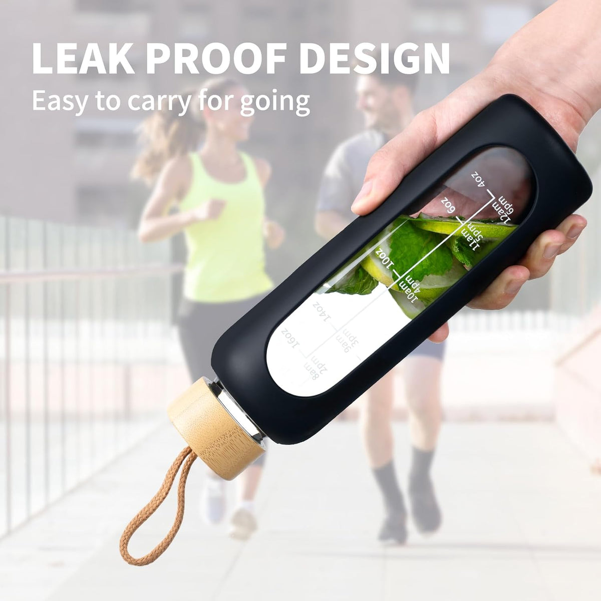18 OZ Glass Water Bottles, Water Bottle with Time Marker (Black) | Leakproof Glass Water Bottles with Silicone Sleeves, Suitable for Offices and Gyms.