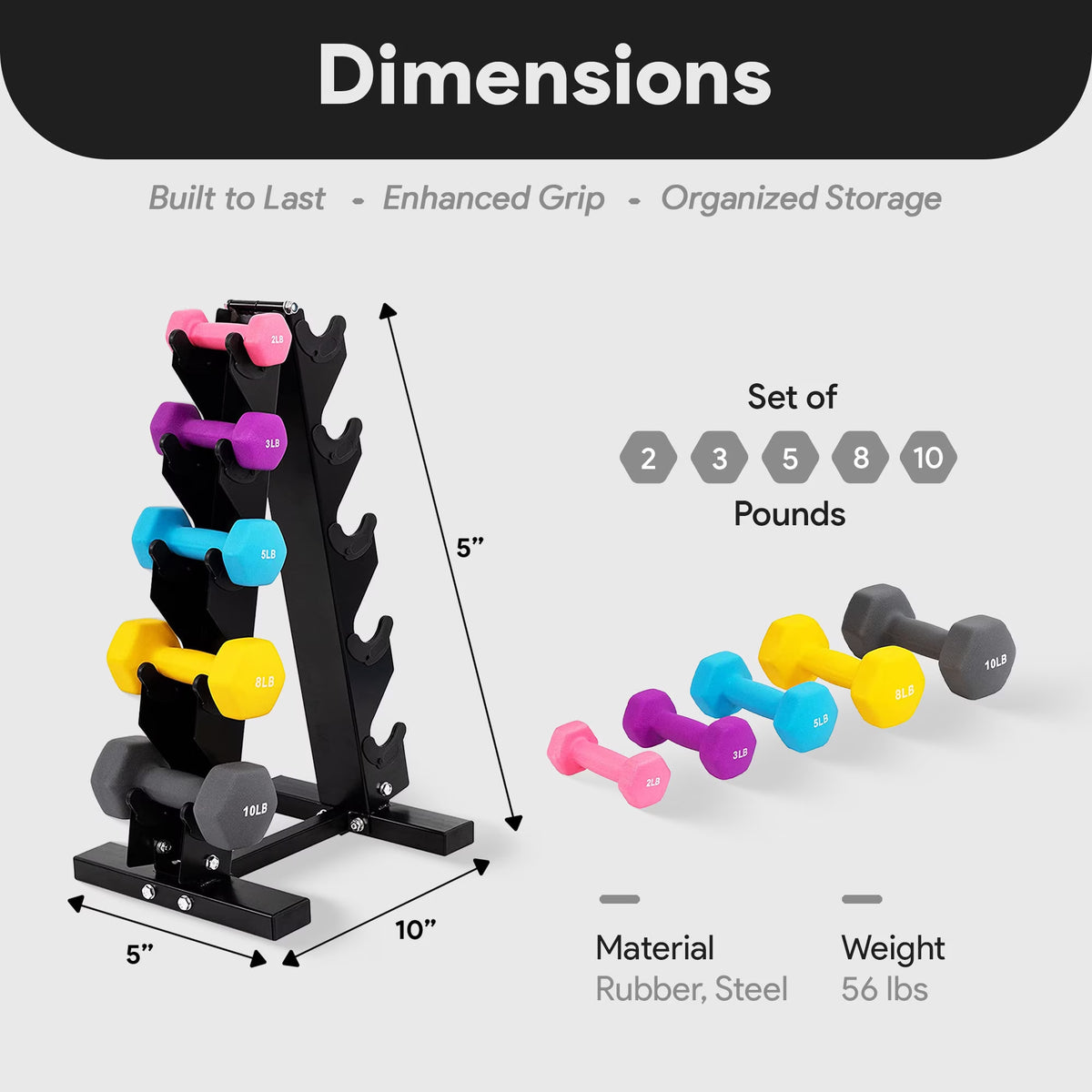 56 Lb Neoprene Coated Iron Dumbbell Hex Weights Set with Stand, Color-Coded