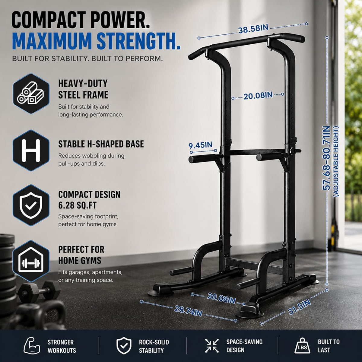 Pull up Bar Station, Power Tower, Dip Station with 3D Backrest, Multi-Function Strength Training Stand Rack, for Home Gym Workout 
