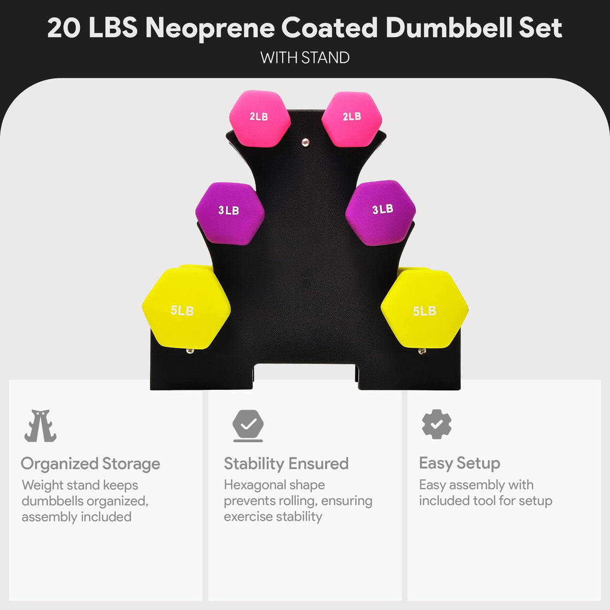 20 Lb Neoprene Coated Iron Dumbbell Hex Weights Set with Stand, Color-Coded