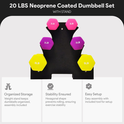 20 Lb Neoprene Coated Iron Dumbbell Hex Weights Set with Stand, Color-Coded