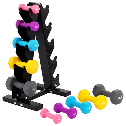 56 Lb Neoprene Coated Iron Dumbbell Hex Weights Set with Stand, Color-Coded