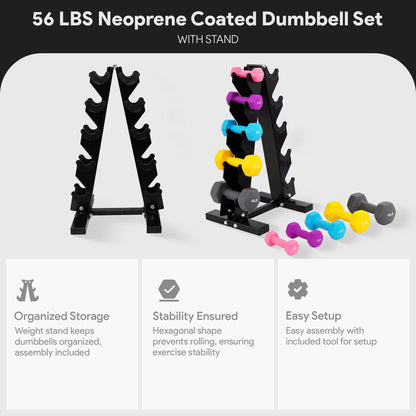 56 Lb Neoprene Coated Iron Dumbbell Hex Weights Set with Stand, Color-Coded