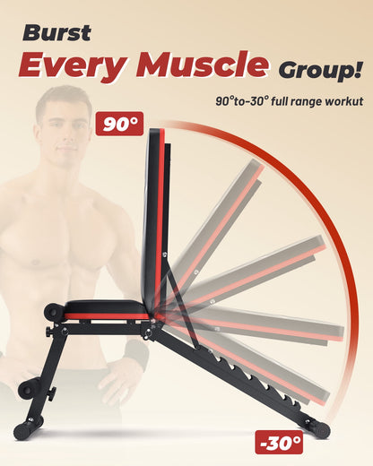 Adjustable Folding Weight Bench for Home Gym, Includes Resistance Bands