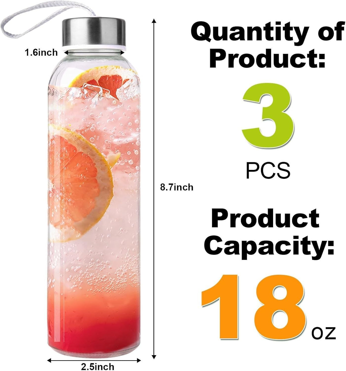 3 Packs Glass Water Bottles with Lid Clear Juice Bottles Reusable Bottle