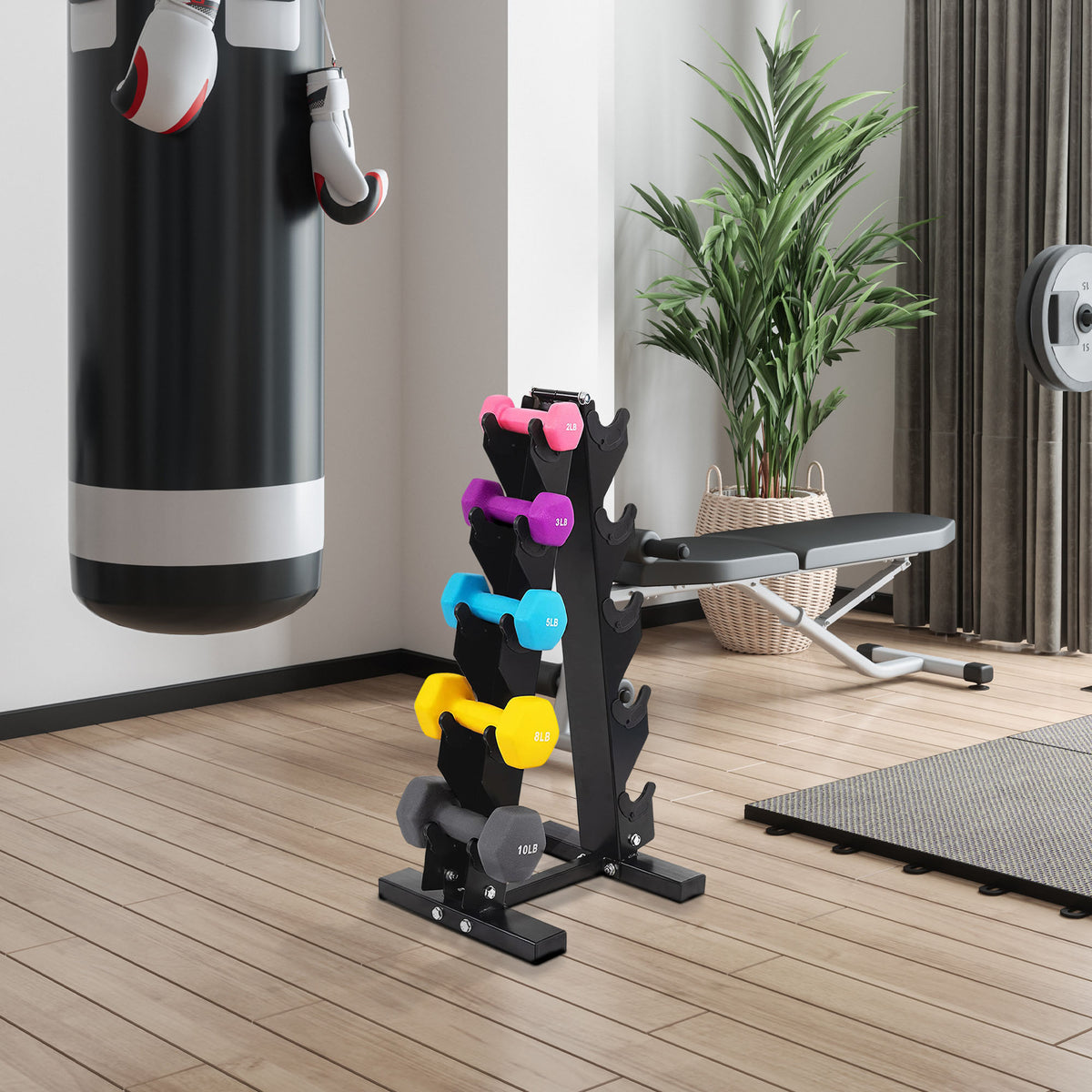 56 Lb Neoprene Coated Iron Dumbbell Hex Weights Set with Stand, Color-Coded